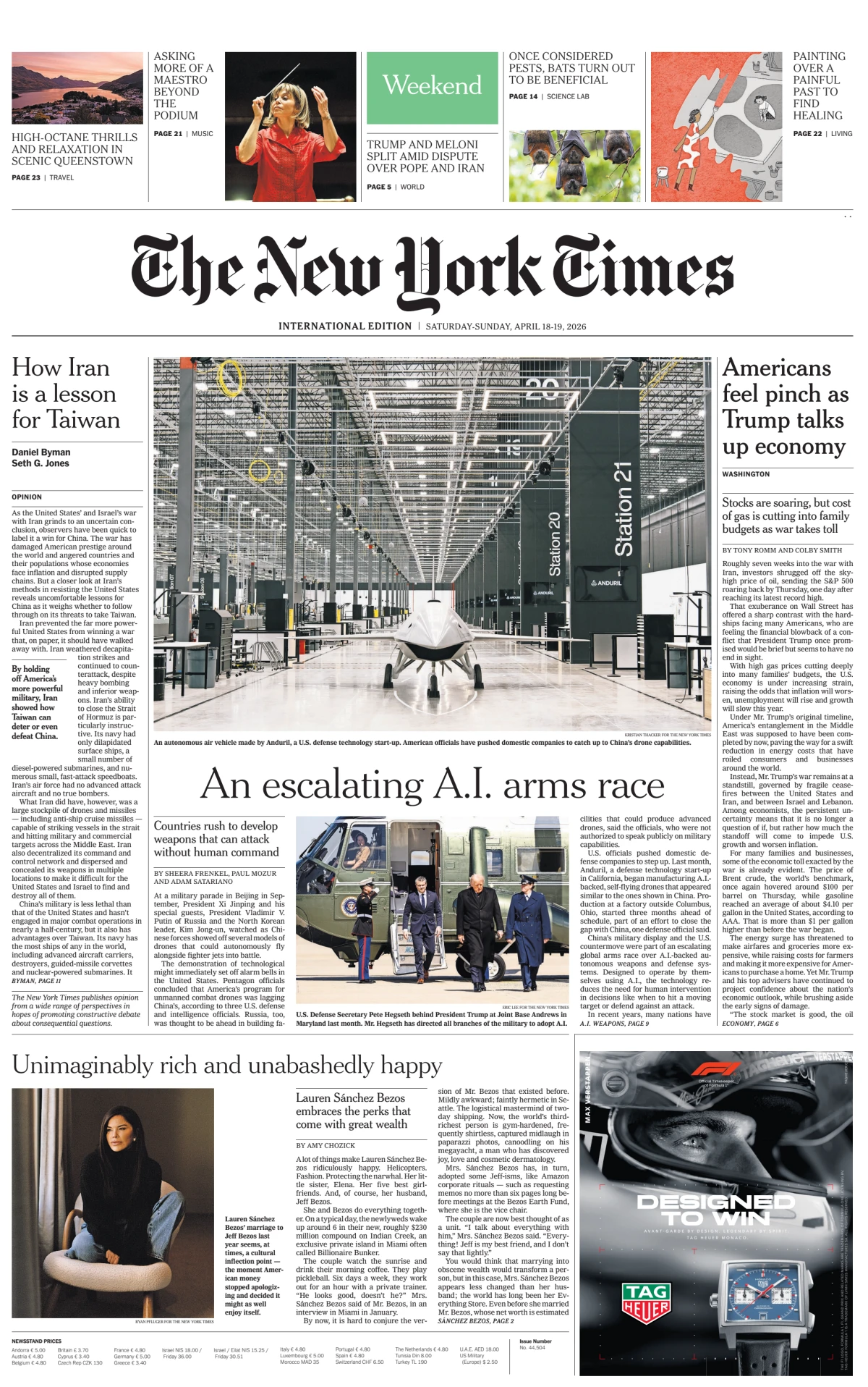 Portada de The New York Times (international) del sábado, 18 de abril de 2026