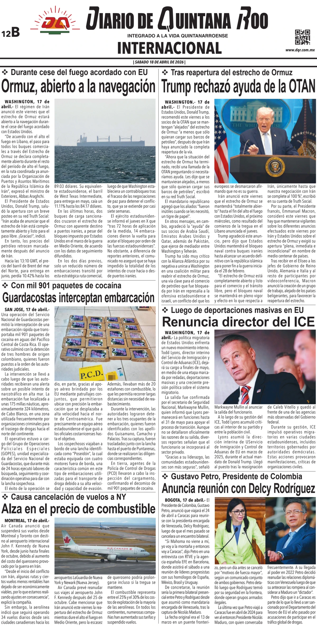 Portada de Diario de Quintana Roo (contra Portada) del sábado, 18 de abril de 2026