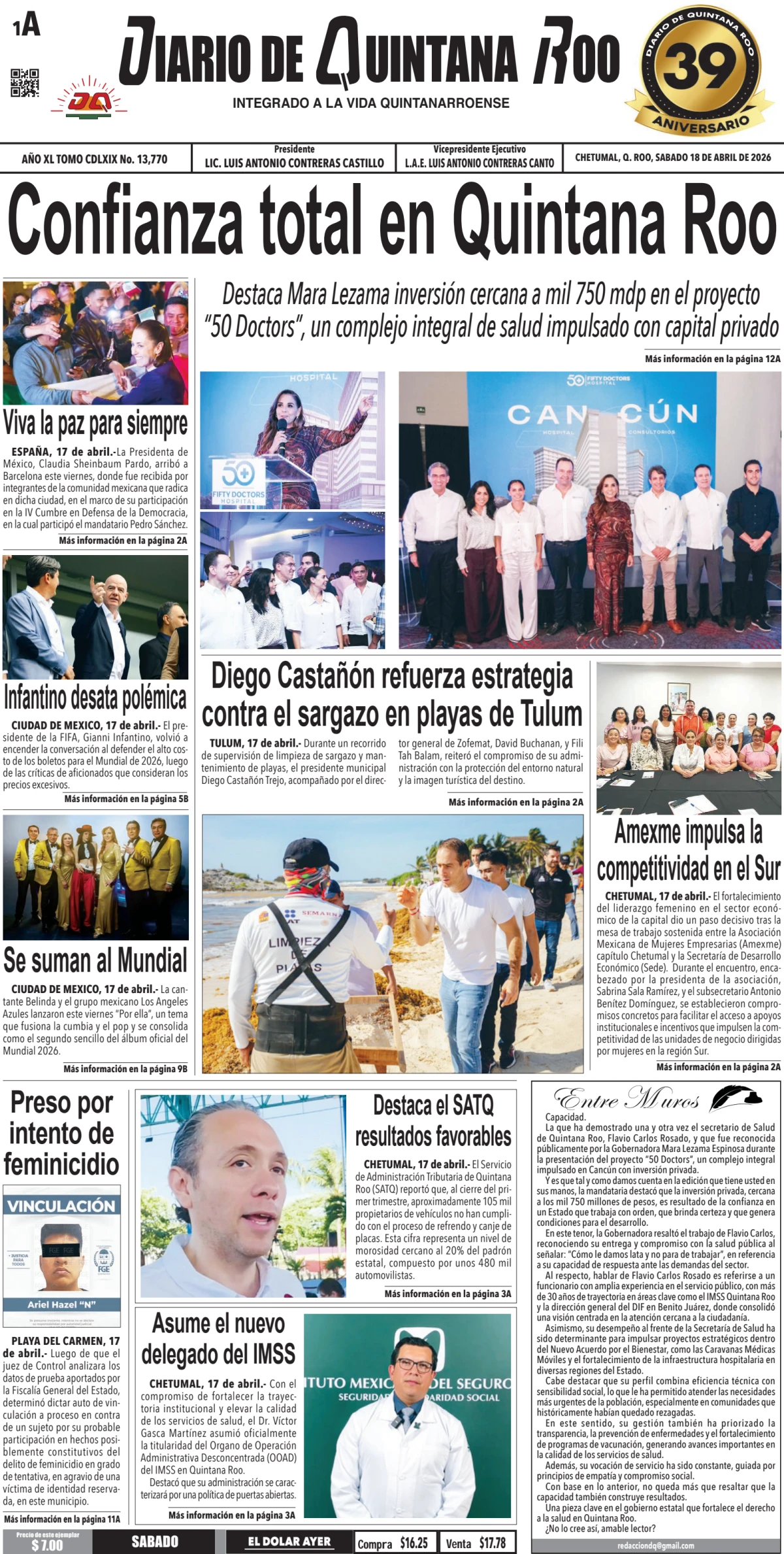 Portada de Diario de Quintana Roo (portada) del sábado, 18 de abril de 2026