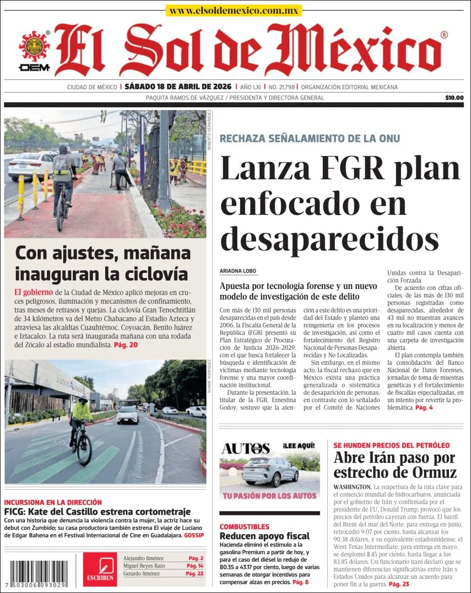 Portada de El Sol de Mexico del sábado, 18 de abril de 2026