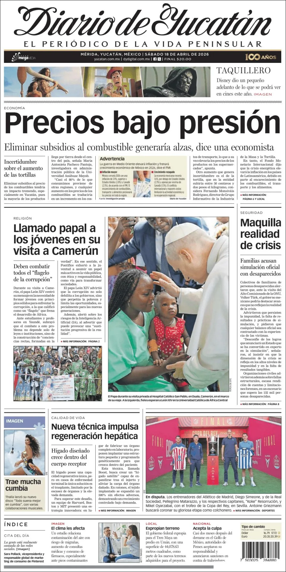 Portada de Diario de Yucatán del sábado, 18 de abril de 2026