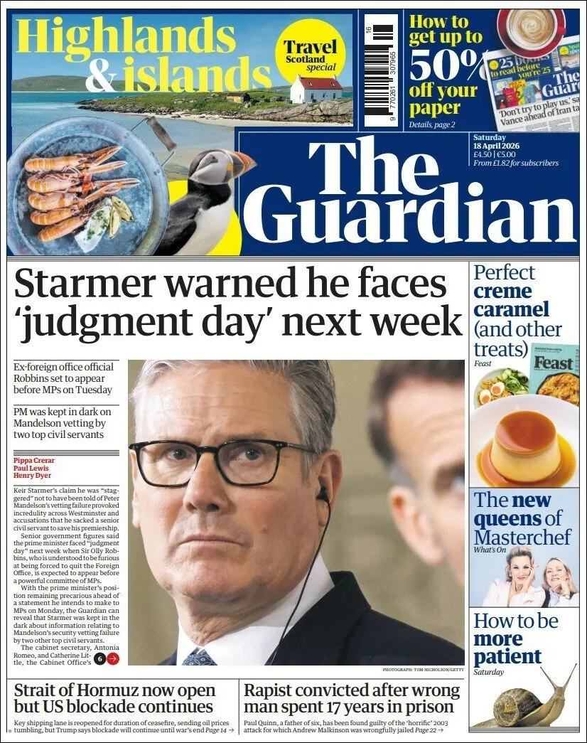 Portada de The Guardian (reino Unido) del sábado, 18 de abril de 2026