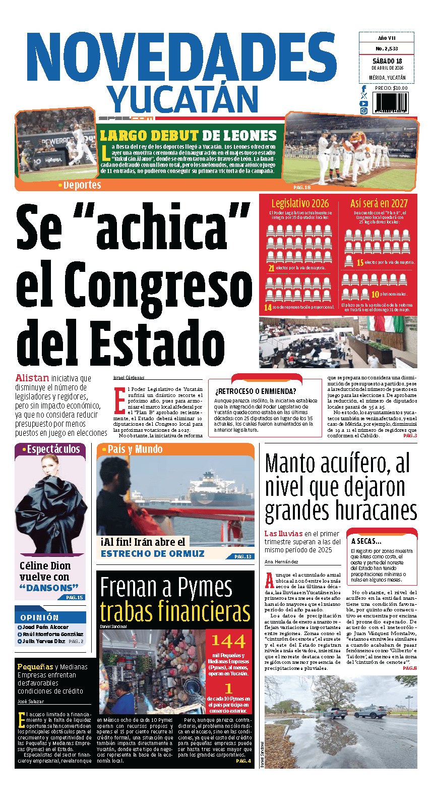 Portada de Novedades Yucatan del sábado, 18 de abril de 2026