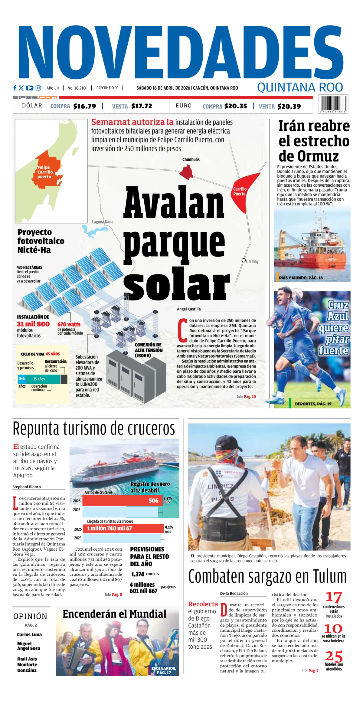 Portada de Novedades Quintana Roo del sábado, 18 de abril de 2026
