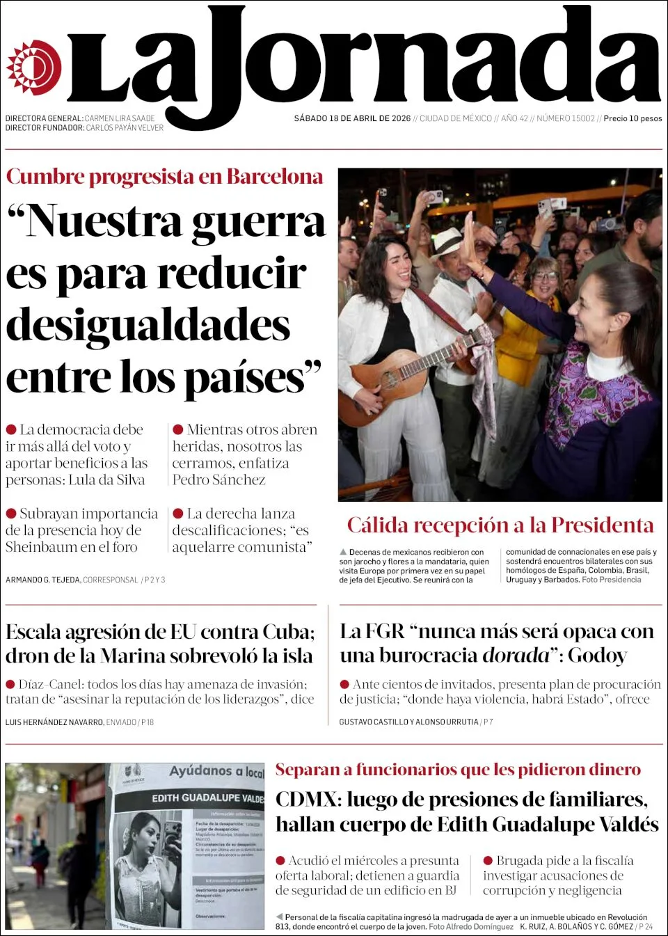 Portada de La Jornada del sábado, 18 de abril de 2026