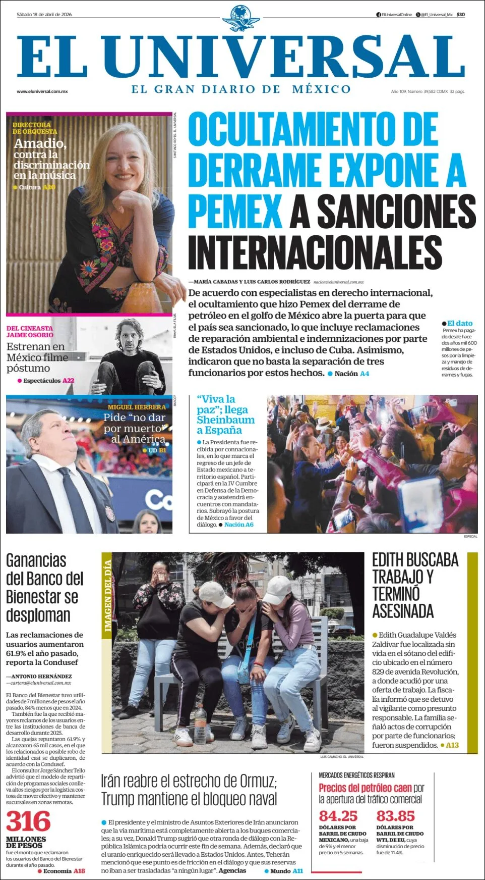 Portada de El Universal del sábado, 18 de abril de 2026