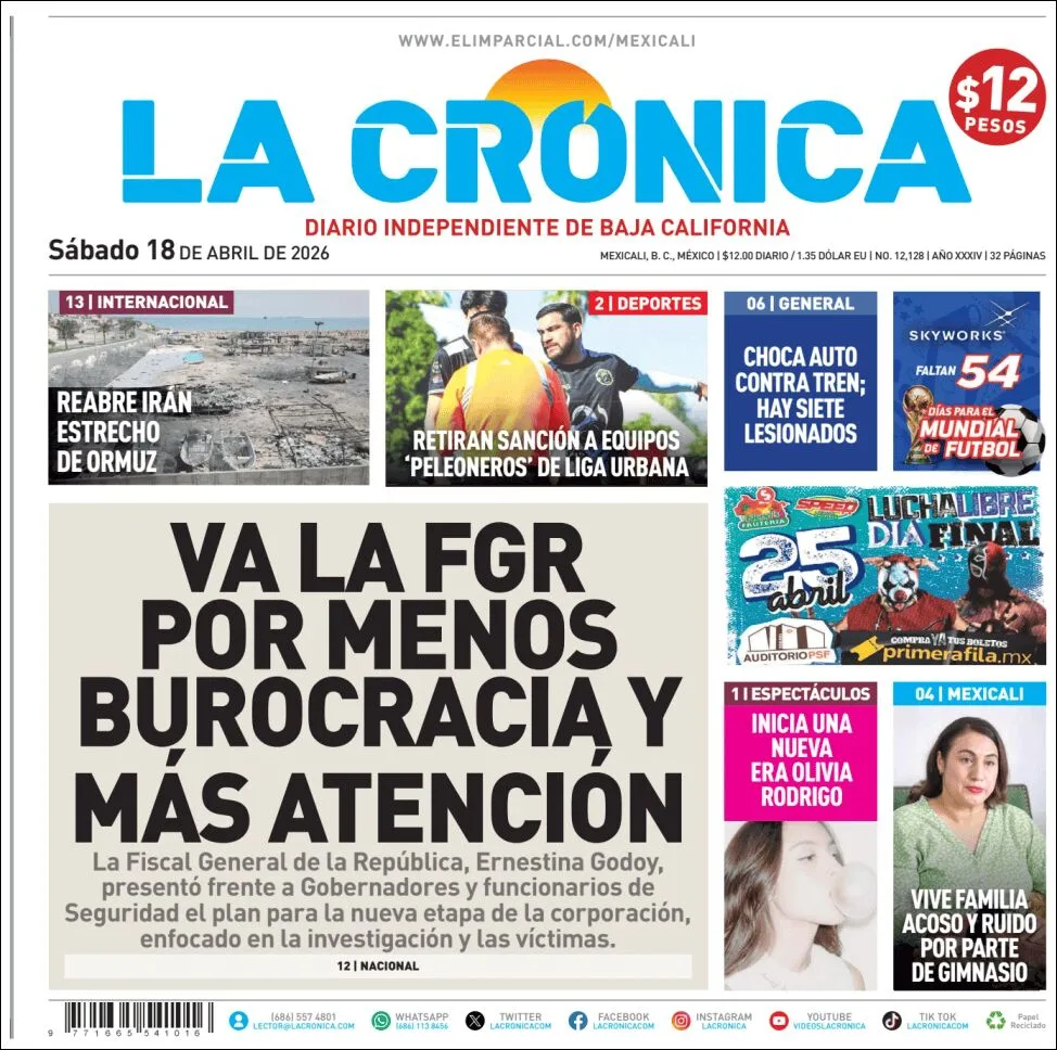 Portada de La Cronica del sábado, 18 de abril de 2026