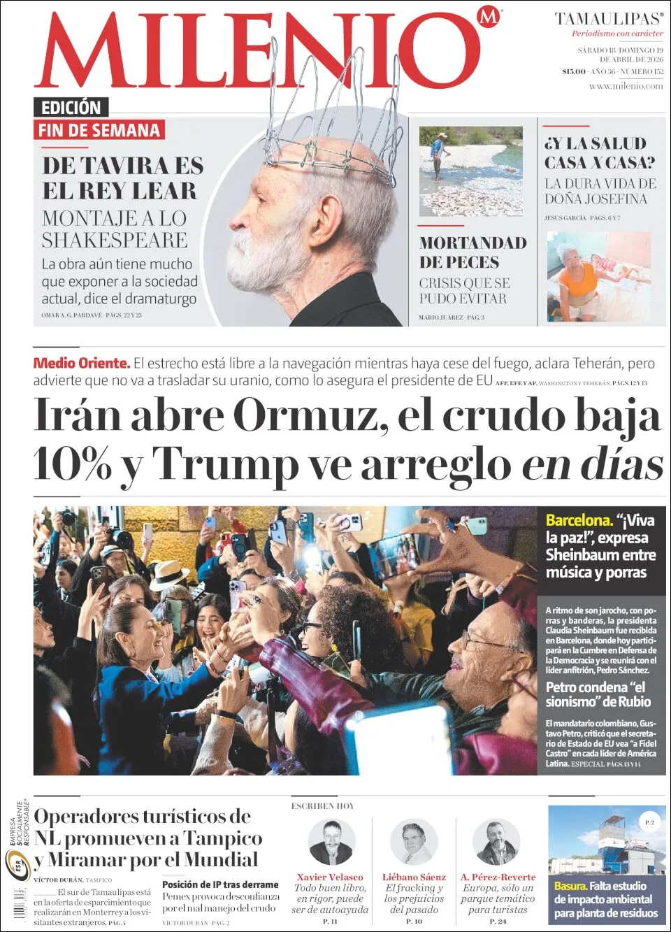 Portada de Milenio Tamaulipas del sábado, 18 de abril de 2026