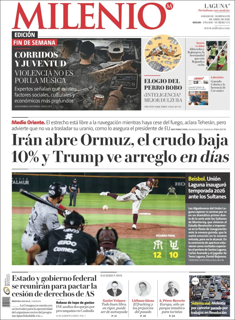 Portada de Milenio Laguna del sábado, 18 de abril de 2026