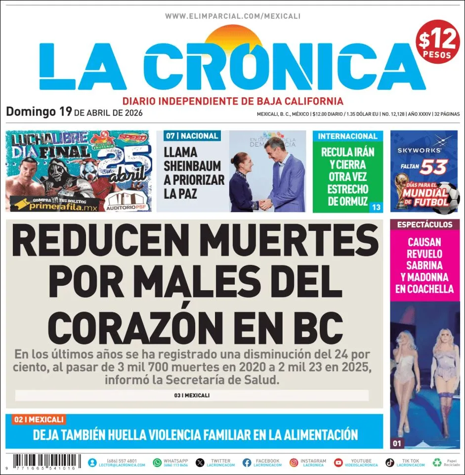 Portada de La Cronica del domingo, 19 de abril de 2026