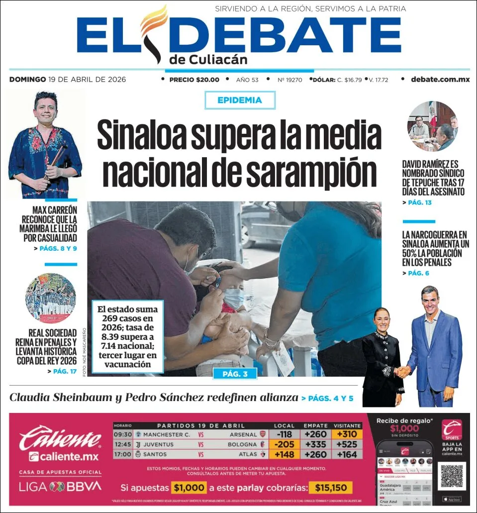 Portada de El Debate de Culiacan del domingo, 19 de abril de 2026