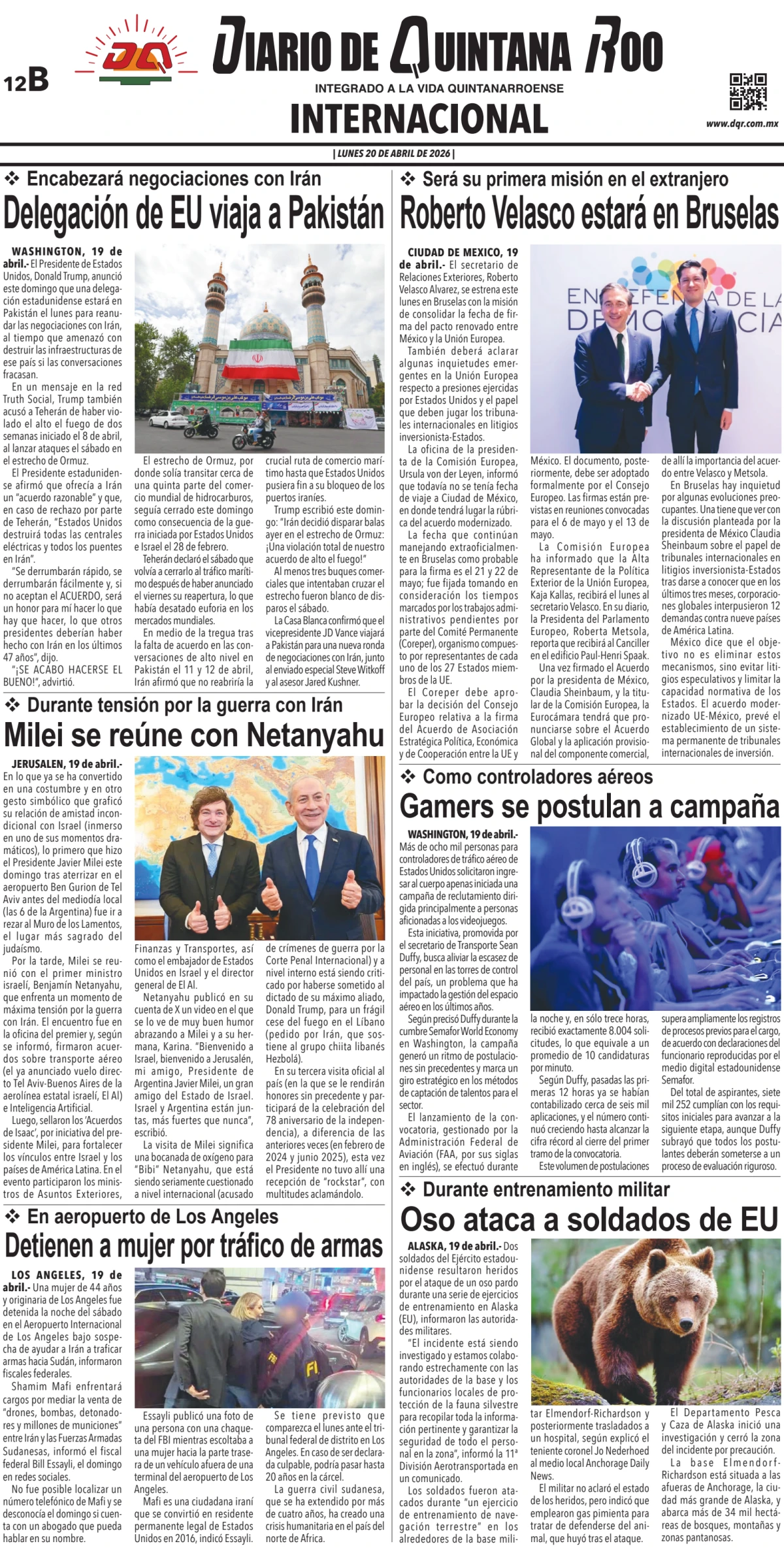 Portada de Diario de Quintana Roo (contra Portada) del lunes, 20 de abril de 2026