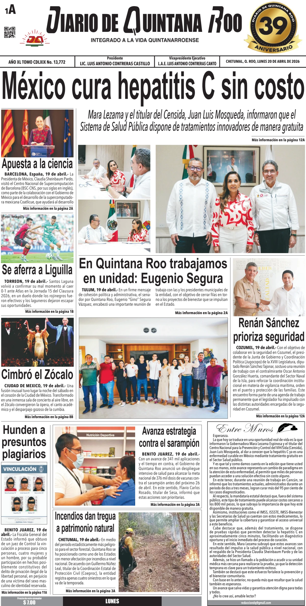 Portada de Diario de Quintana Roo (portada) del lunes, 20 de abril de 2026