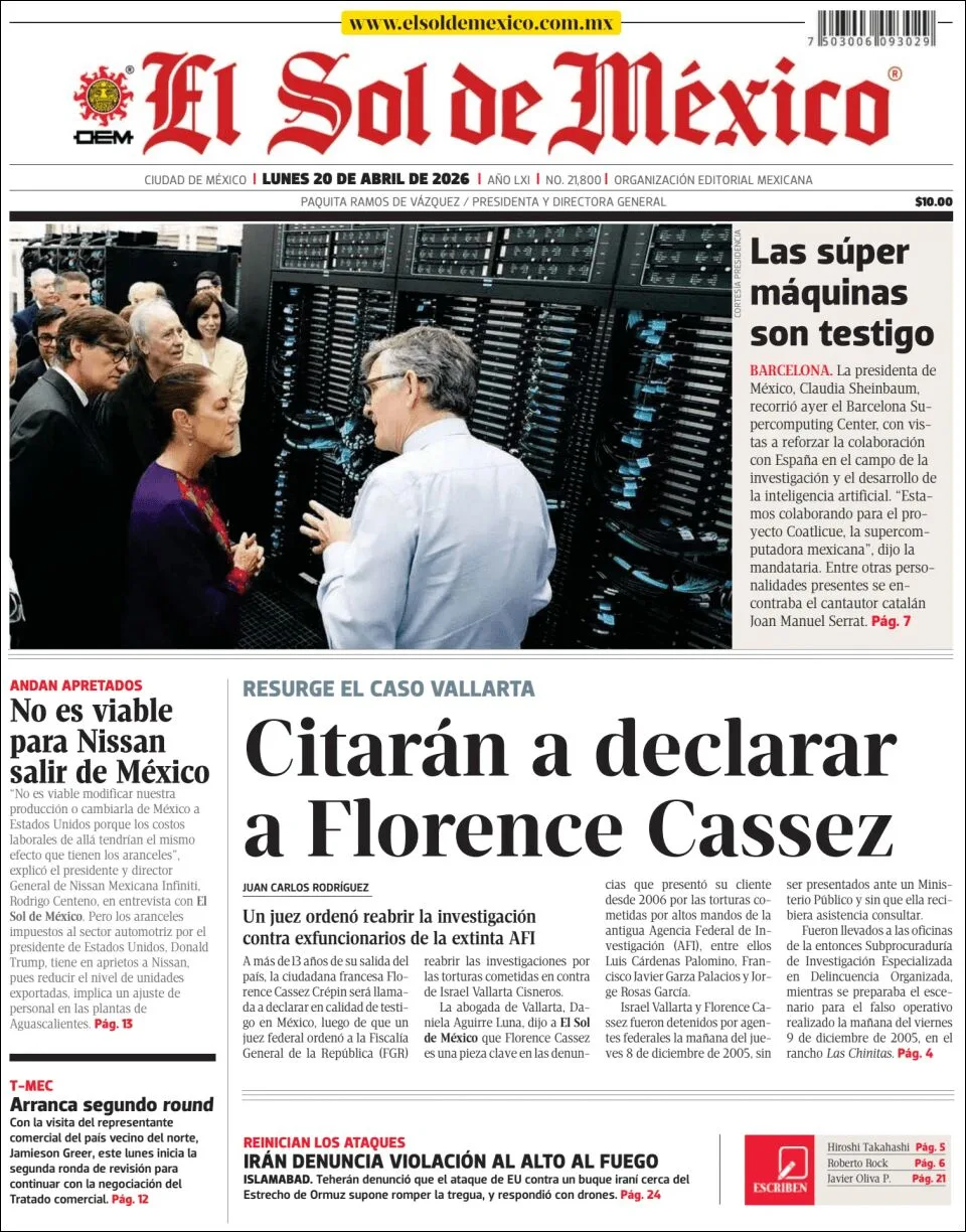 Portada de El Sol de Mexico del lunes, 20 de abril de 2026