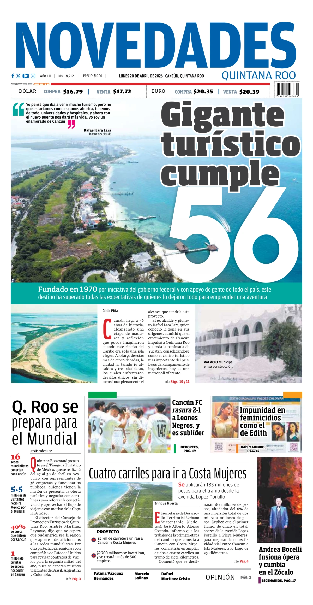 Portada de Novedades Quintana Roo del lunes, 20 de abril de 2026