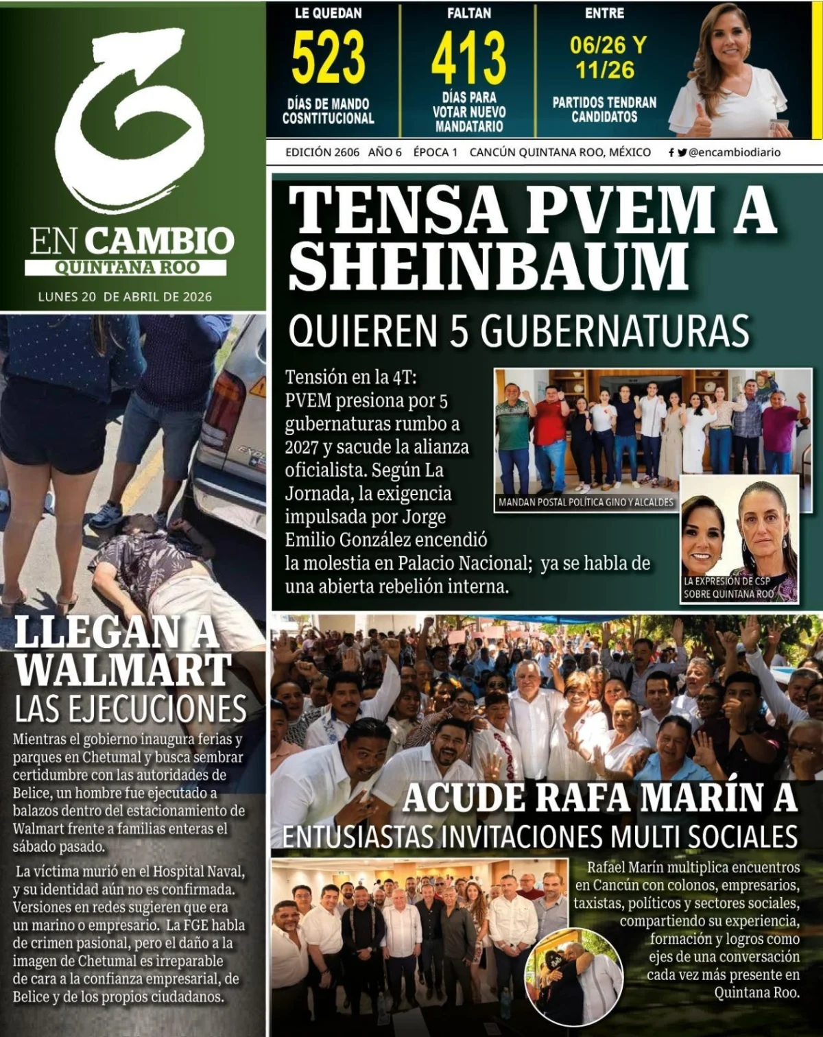 Portada de En Cambio - Quintana Roo (portada) del lunes, 20 de abril de 2026