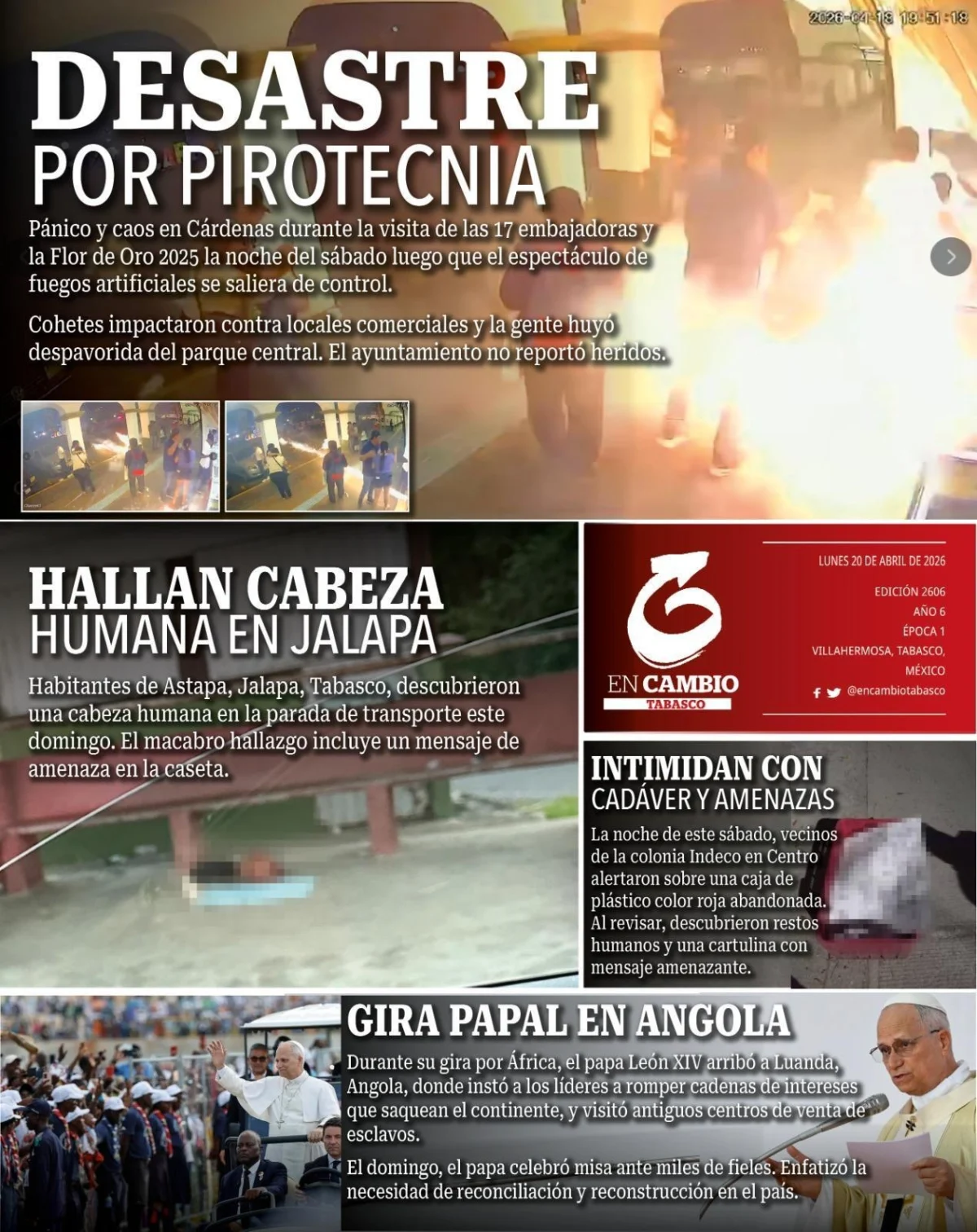 Portada de En Cambio - Tabasco (contraportada) del lunes, 20 de abril de 2026