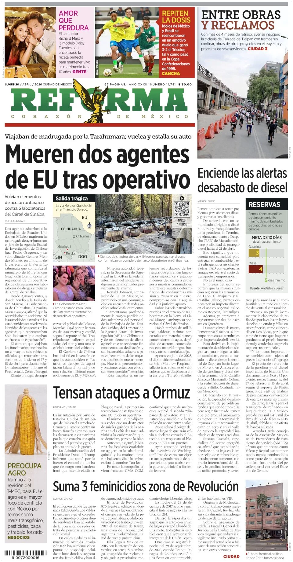 Portada de Reforma del lunes, 20 de abril de 2026