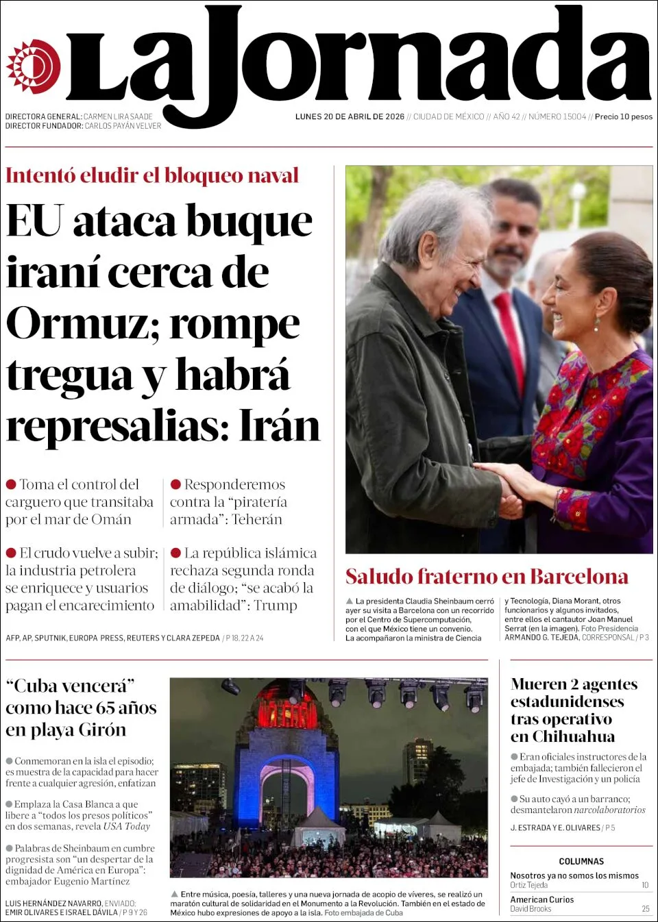 Portada de La Jornada del lunes, 20 de abril de 2026