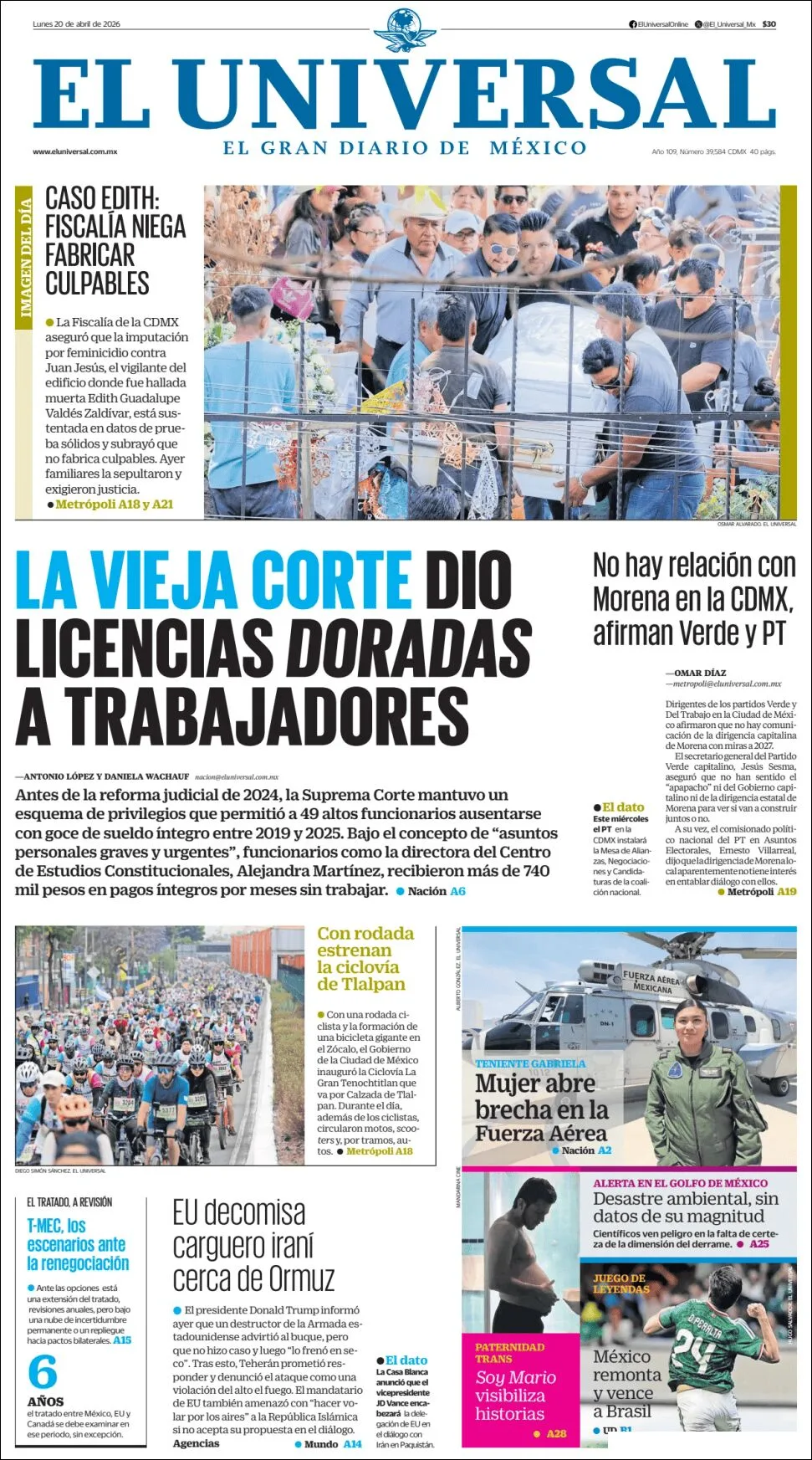 Portada de El Universal del lunes, 20 de abril de 2026