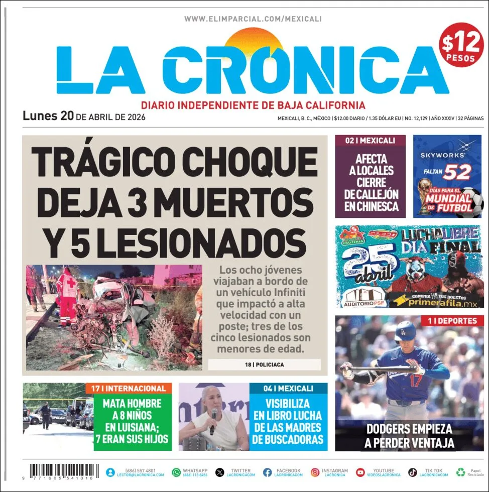 Portada de La Cronica del lunes, 20 de abril de 2026