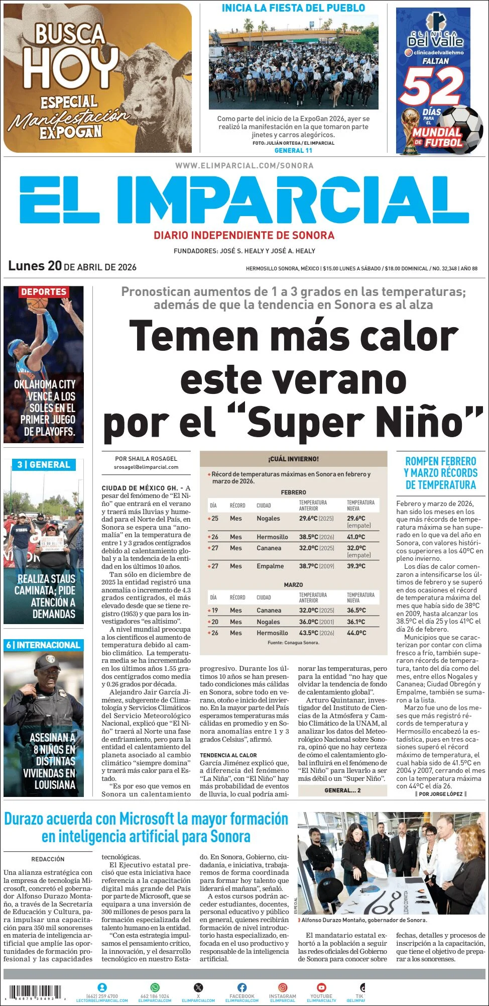 Portada de El Imparcial del lunes, 20 de abril de 2026