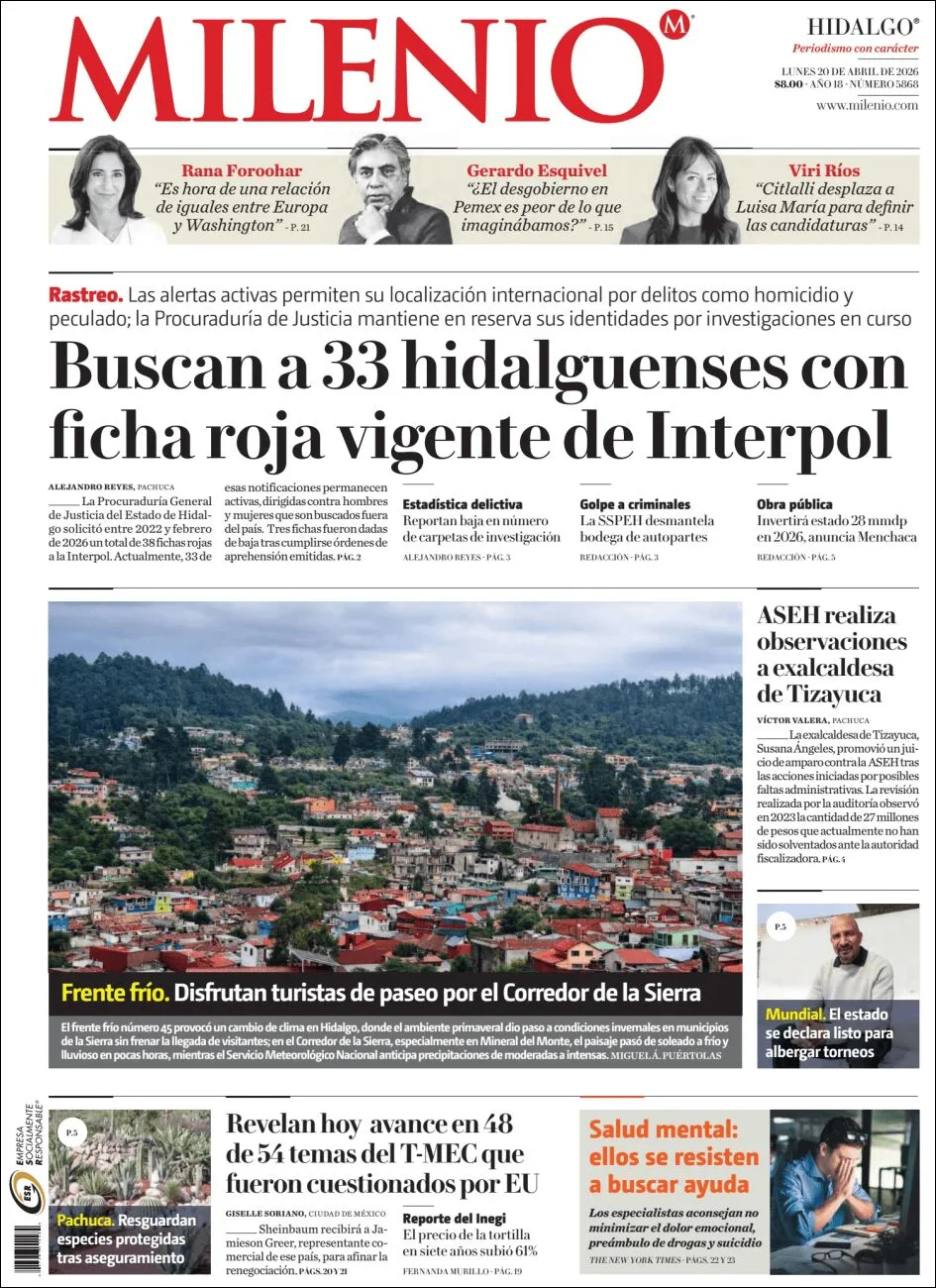 Portada de Milenio Hidalgo del lunes, 20 de abril de 2026