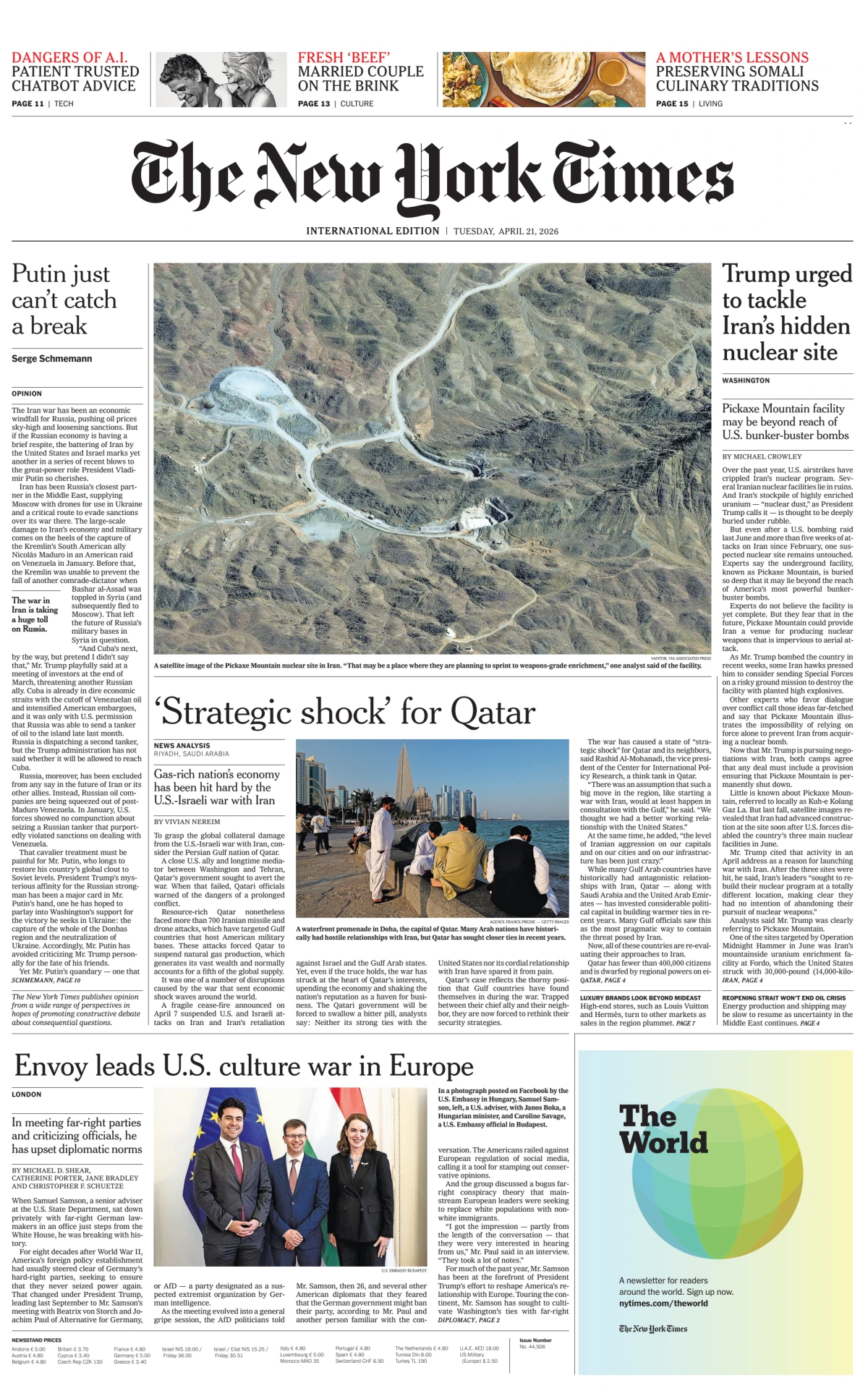 Portada de The New York Times (international) del martes, 21 de abril de 2026