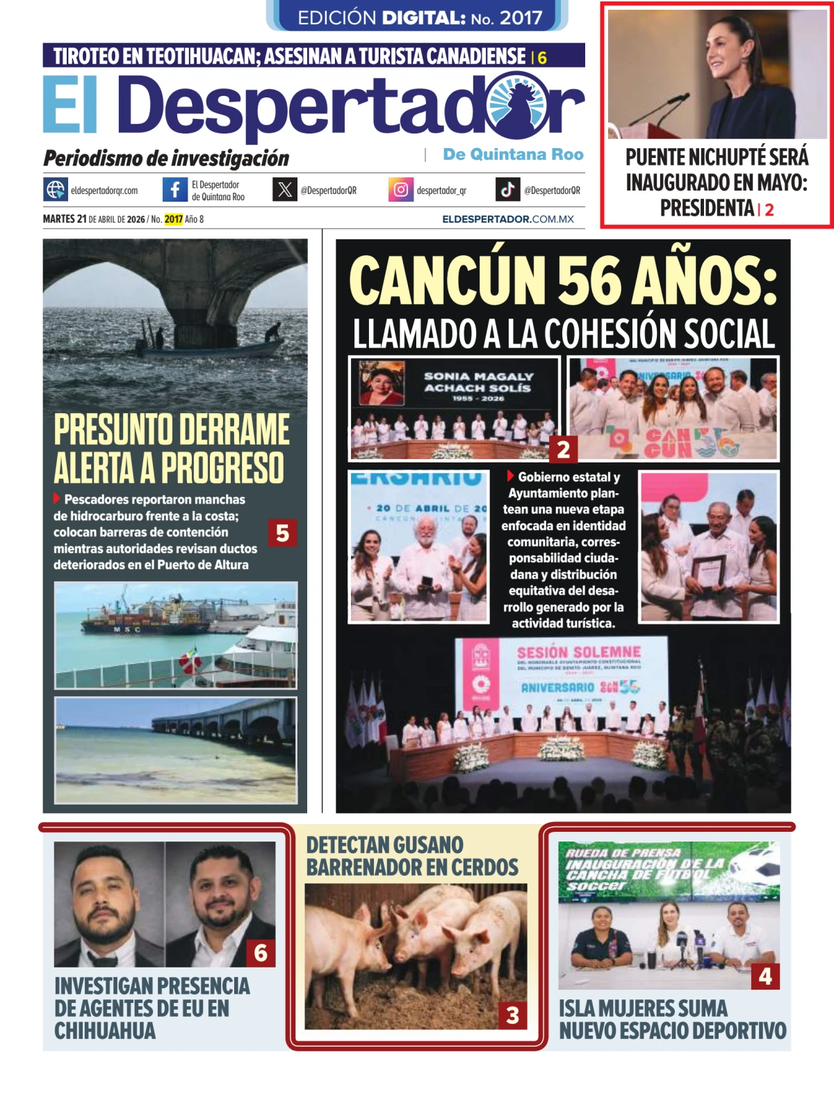 Portada de El Despertador de Quintana Roo del martes, 21 de abril de 2026