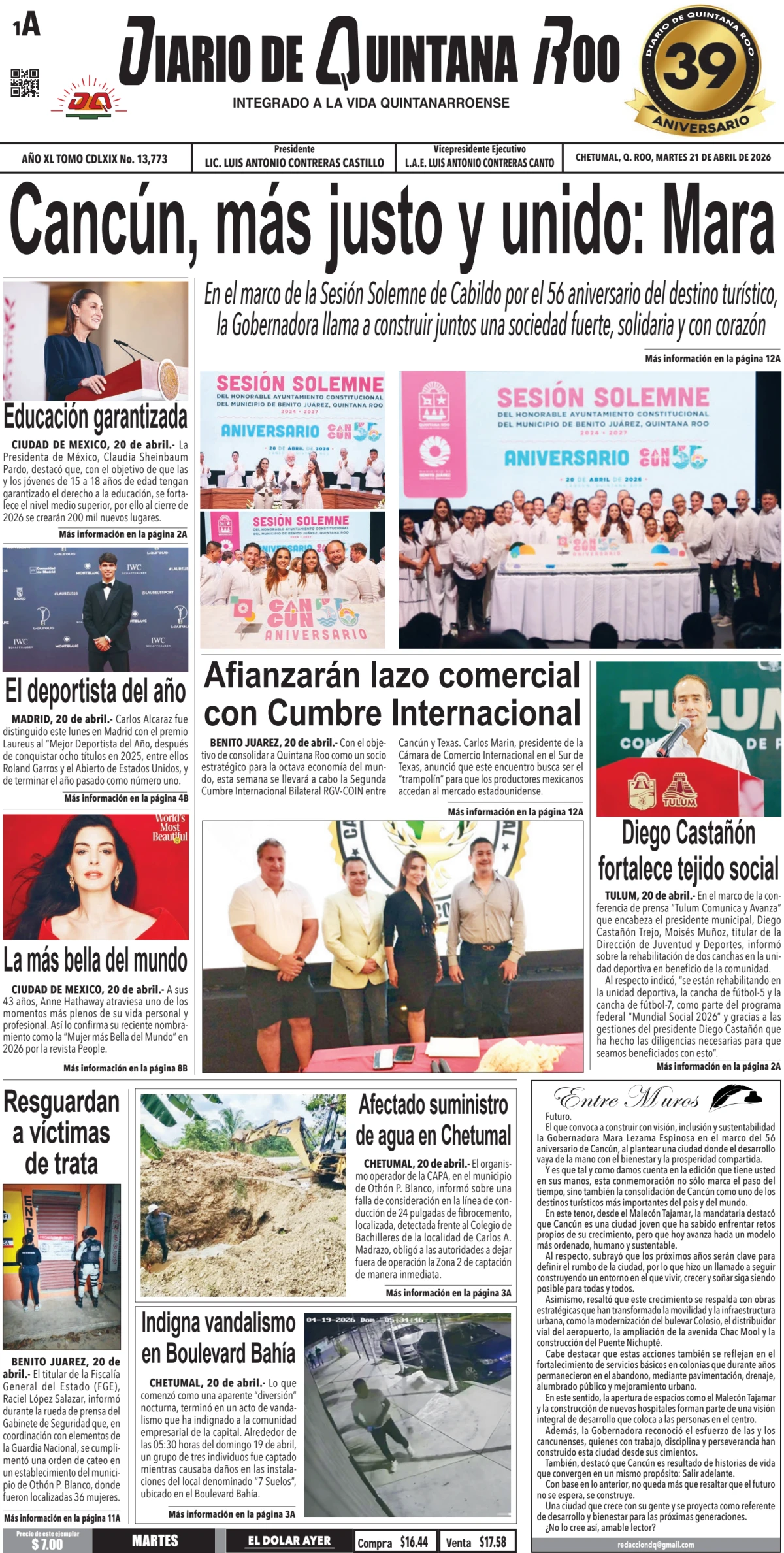 Portada de Diario de Quintana Roo (portada) del martes, 21 de abril de 2026