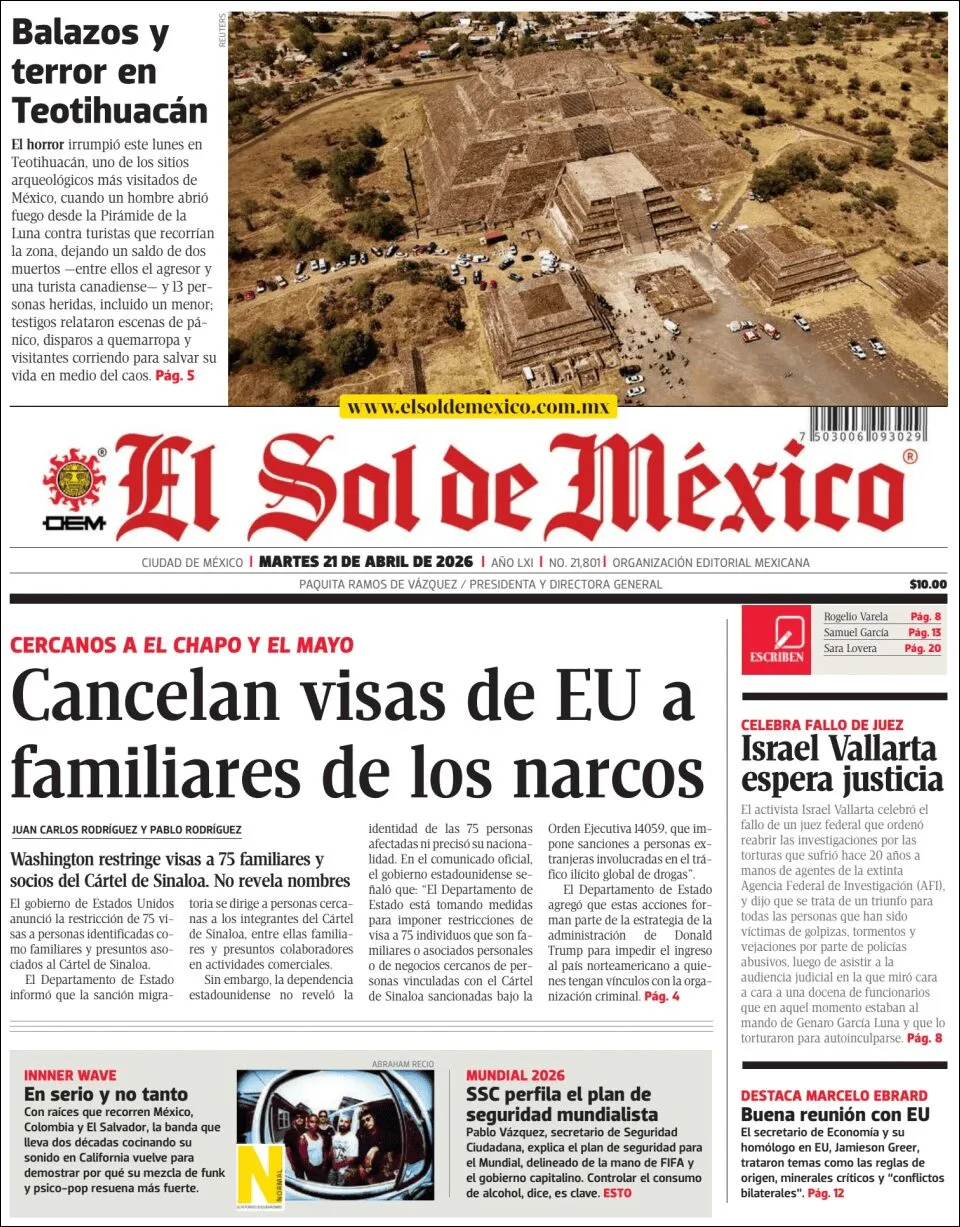 Portada de El Sol de Mexico del martes, 21 de abril de 2026
