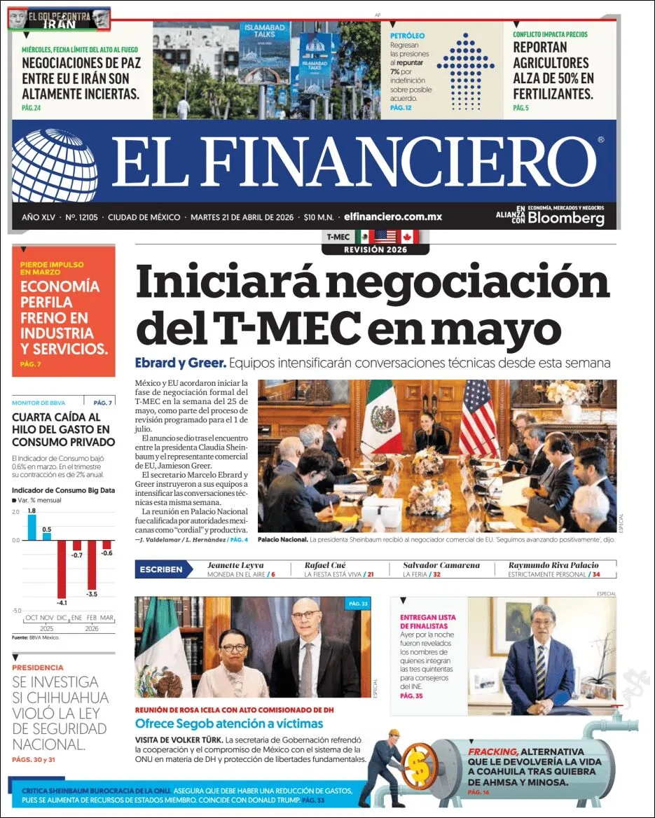 Portada de El Financiero del martes, 21 de abril de 2026