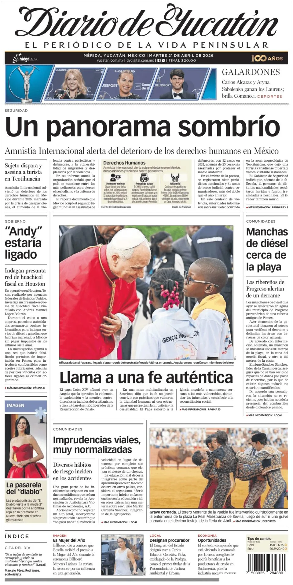 Portada de Diario de Yucatán del martes, 21 de abril de 2026