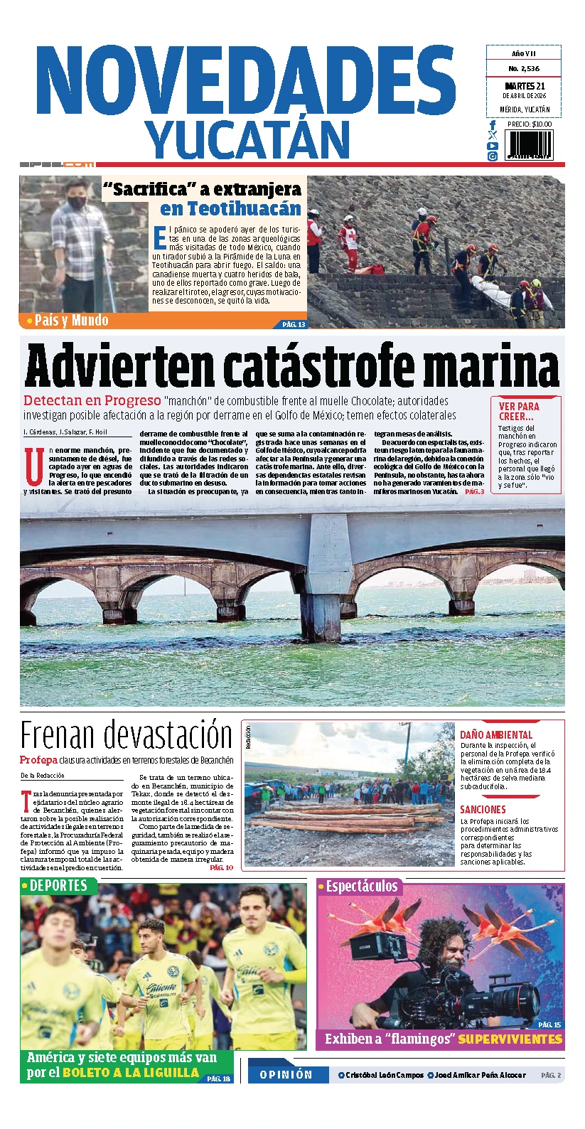 Portada de Novedades Yucatan del martes, 21 de abril de 2026