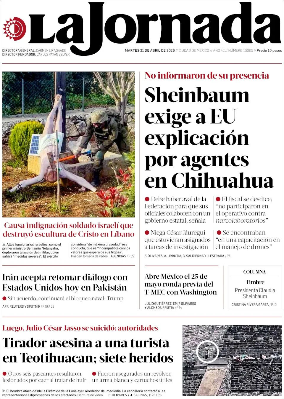 Portada de La Jornada del martes, 21 de abril de 2026