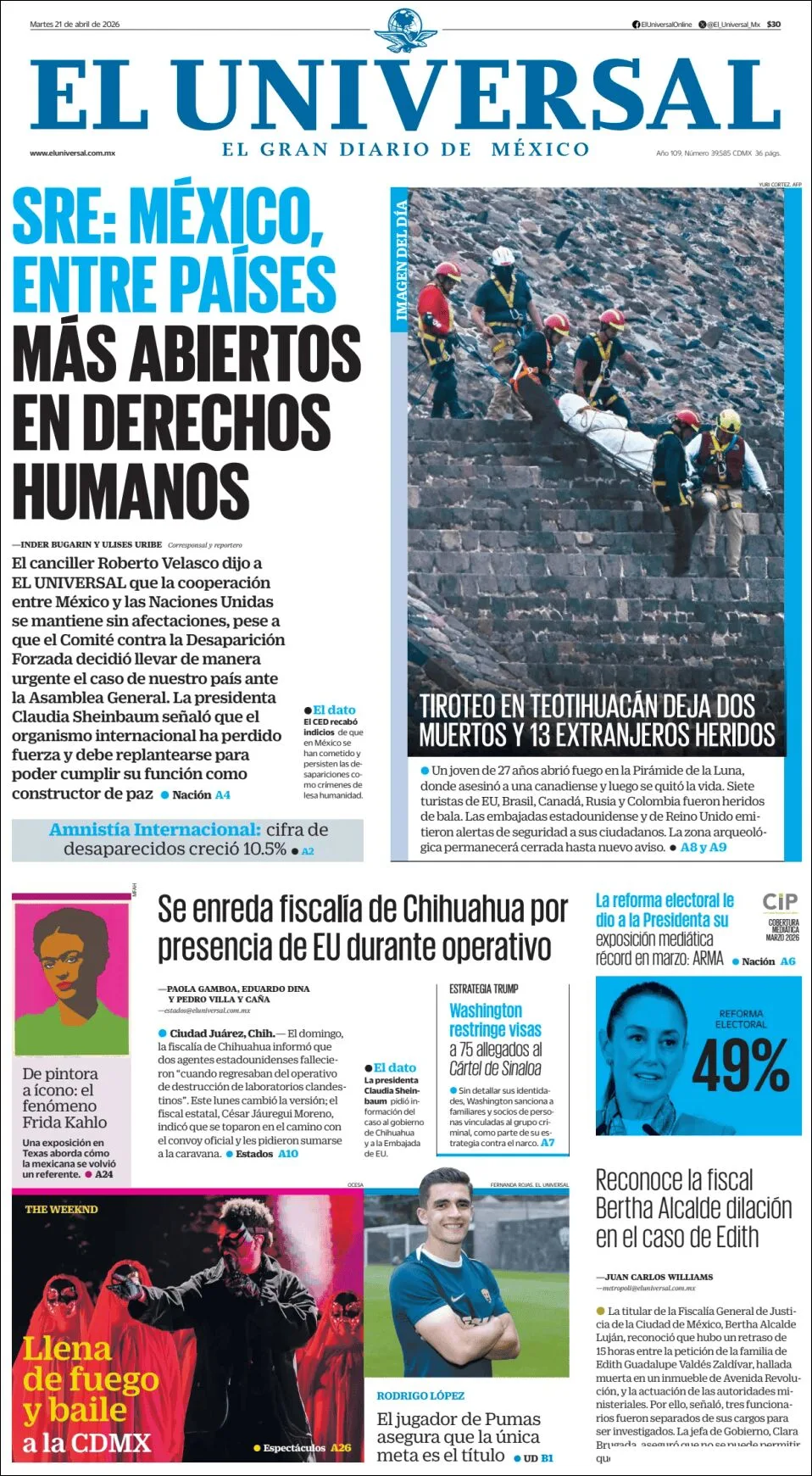 Portada de El Universal del martes, 21 de abril de 2026