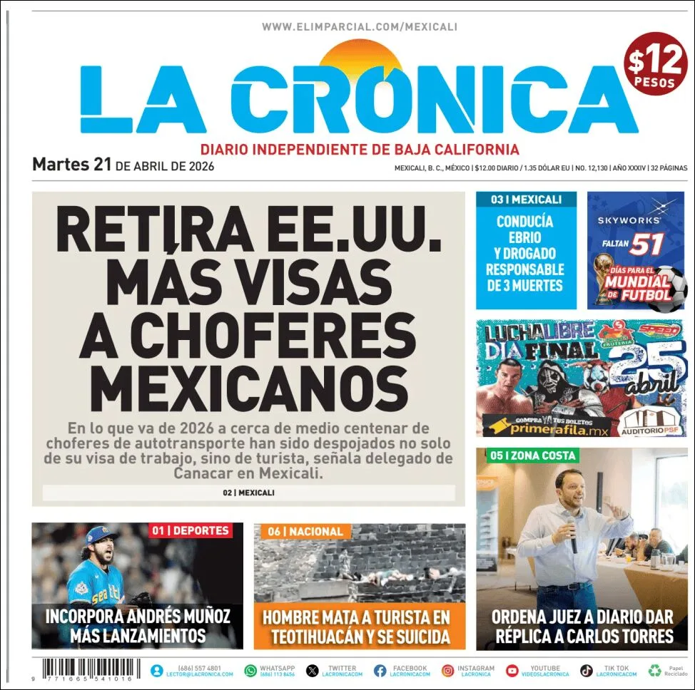 Portada de La Cronica del martes, 21 de abril de 2026