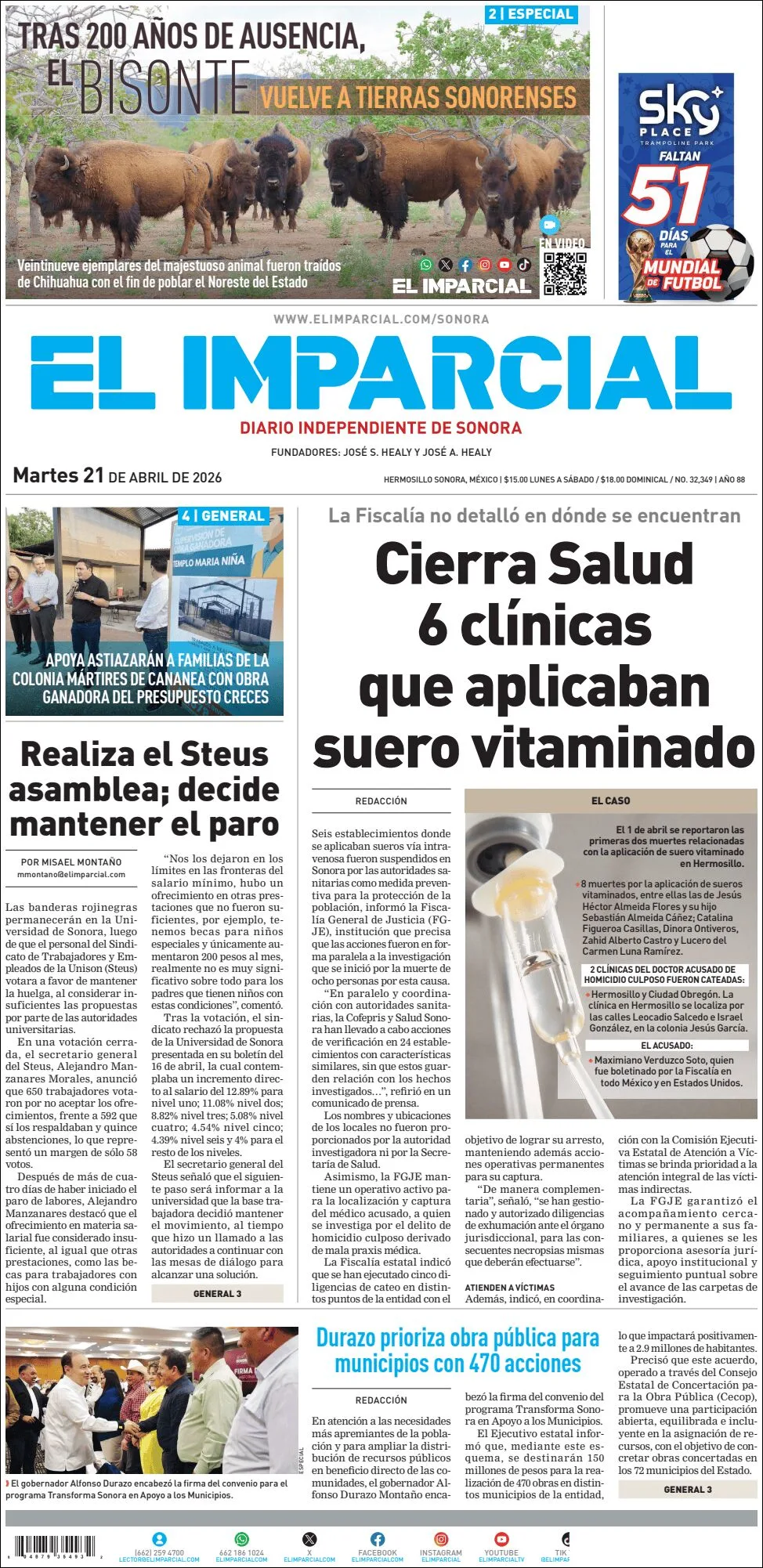 Portada de El Imparcial del martes, 21 de abril de 2026