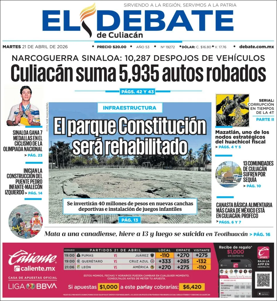 Portada de El Debate de Culiacan del martes, 21 de abril de 2026
