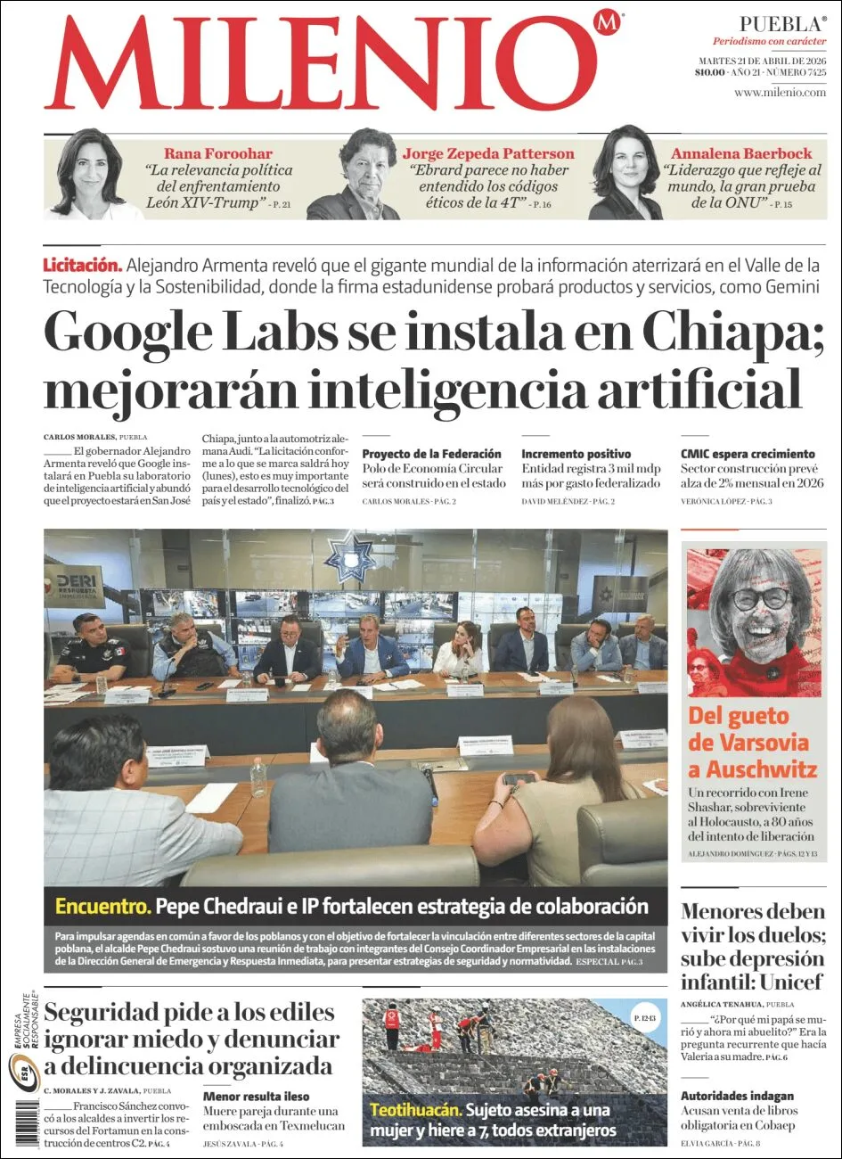 Portada de Milenio Puebla del martes, 21 de abril de 2026