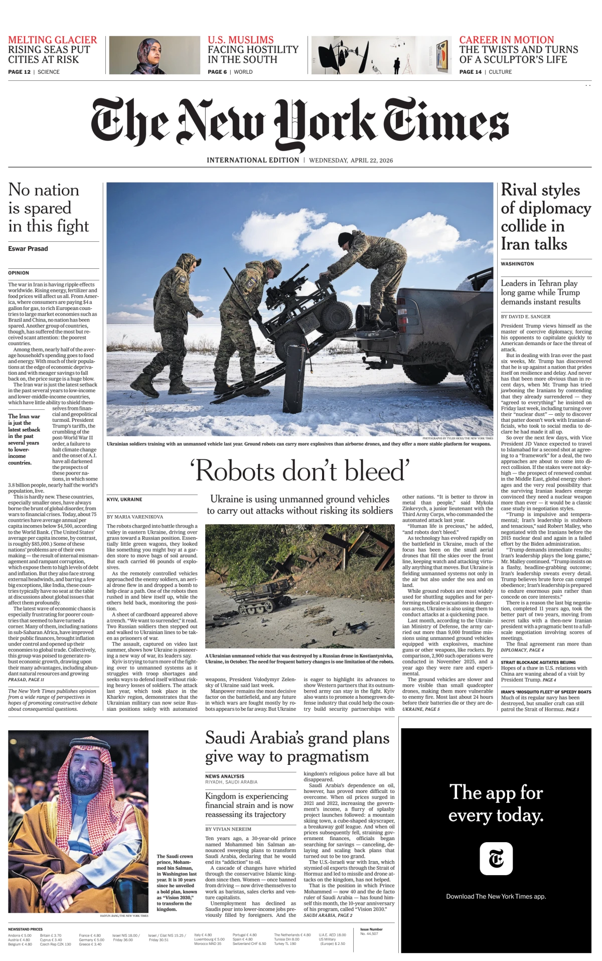 Portada de The New York Times (international) del miércoles, 22 de abril de 2026