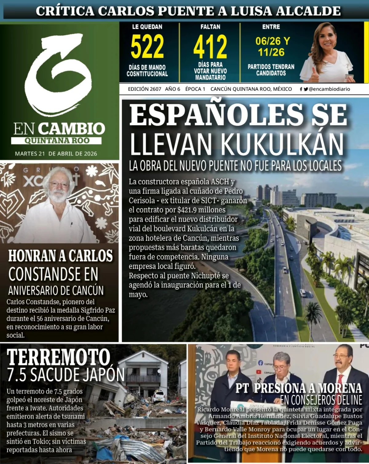 Portada de En Cambio - Quintana Roo (contraportada) del martes, 21 de abril de 2026