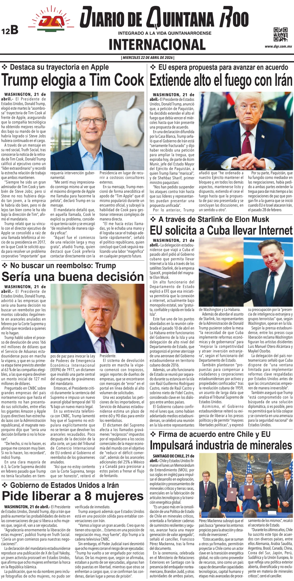 Portada de Diario de Quintana Roo (contra Portada) del miércoles, 22 de abril de 2026