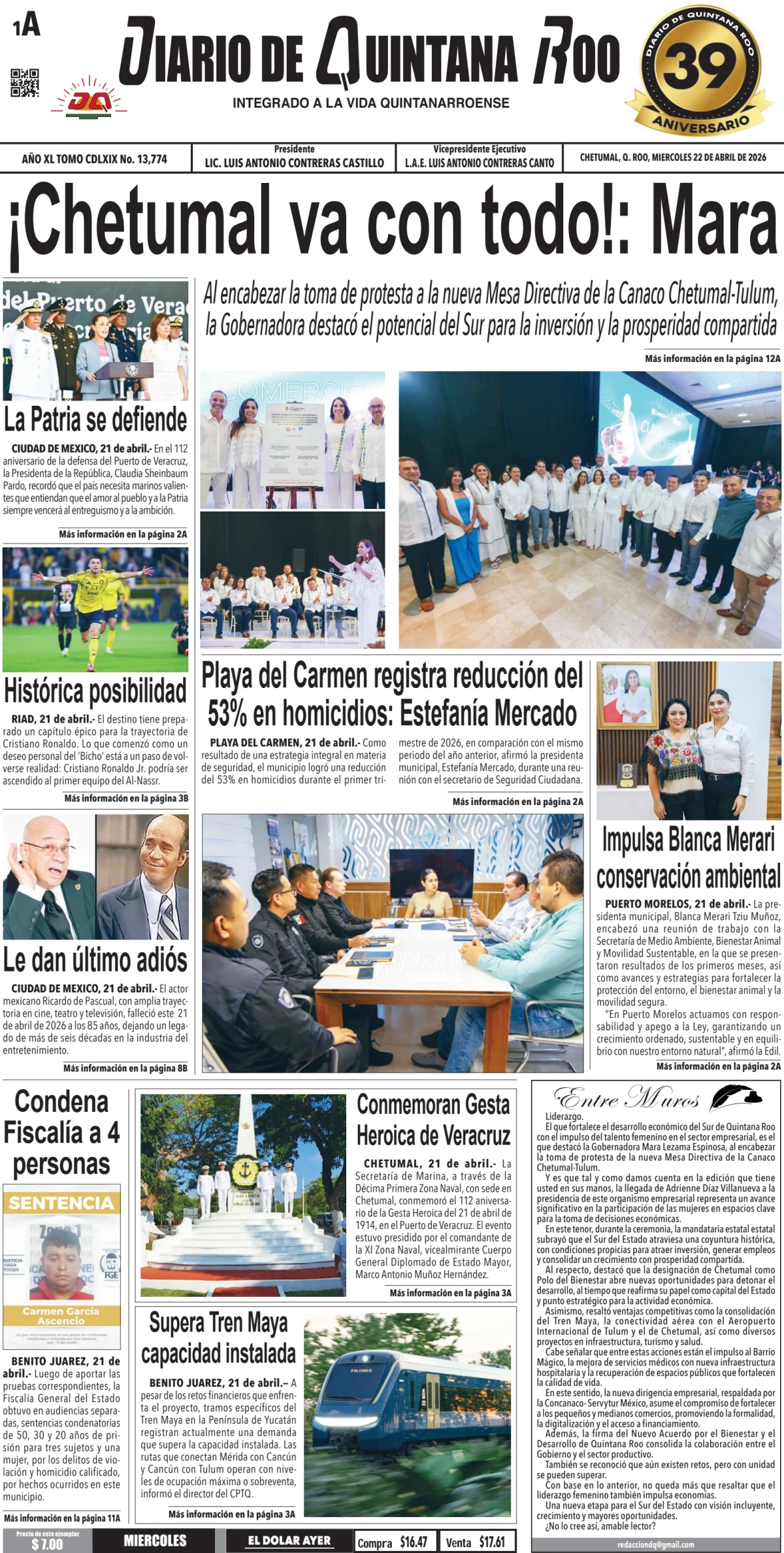 Portada de Diario de Quintana Roo (portada) del miércoles, 22 de abril de 2026