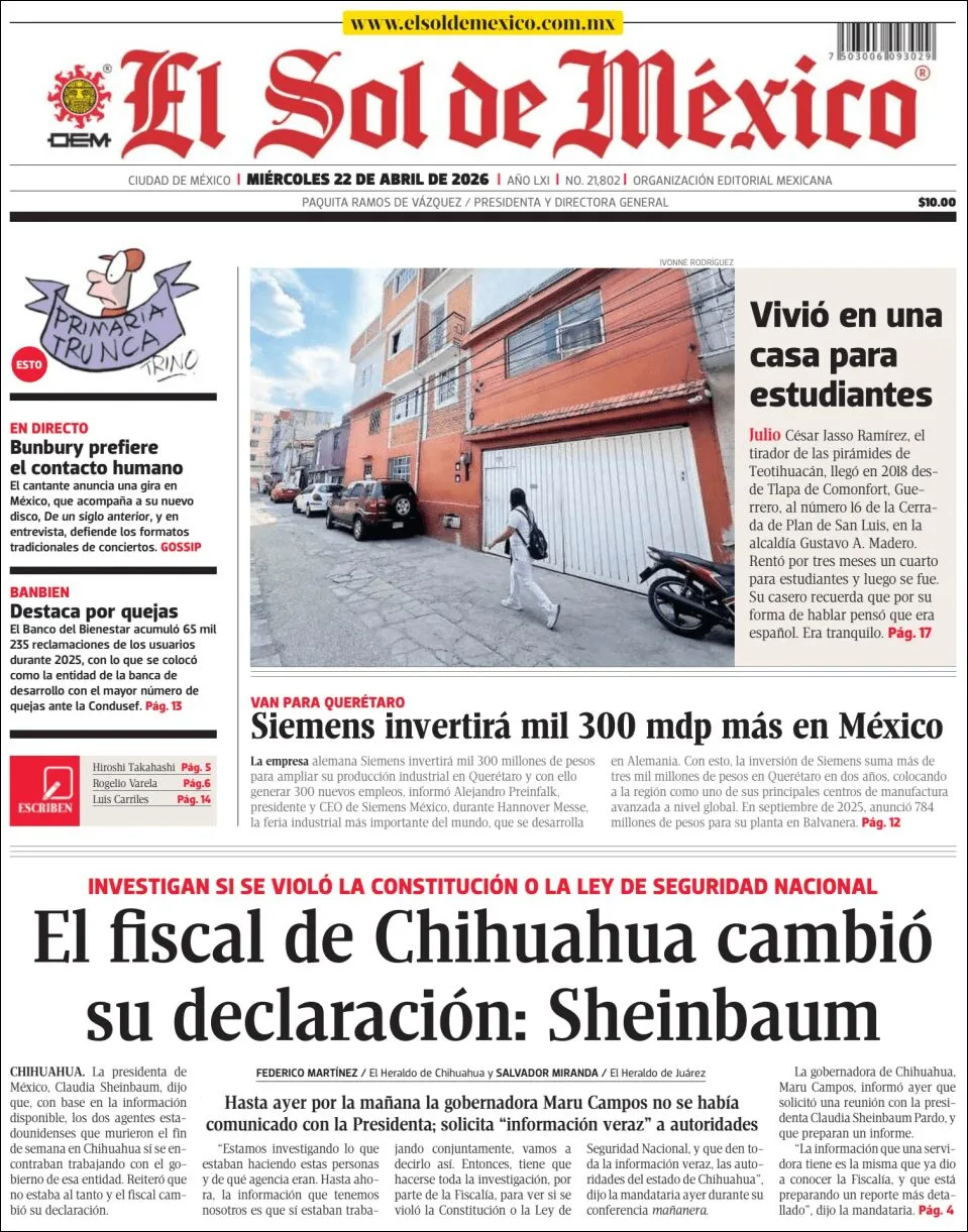 Portada de El Sol de Mexico del miércoles, 22 de abril de 2026