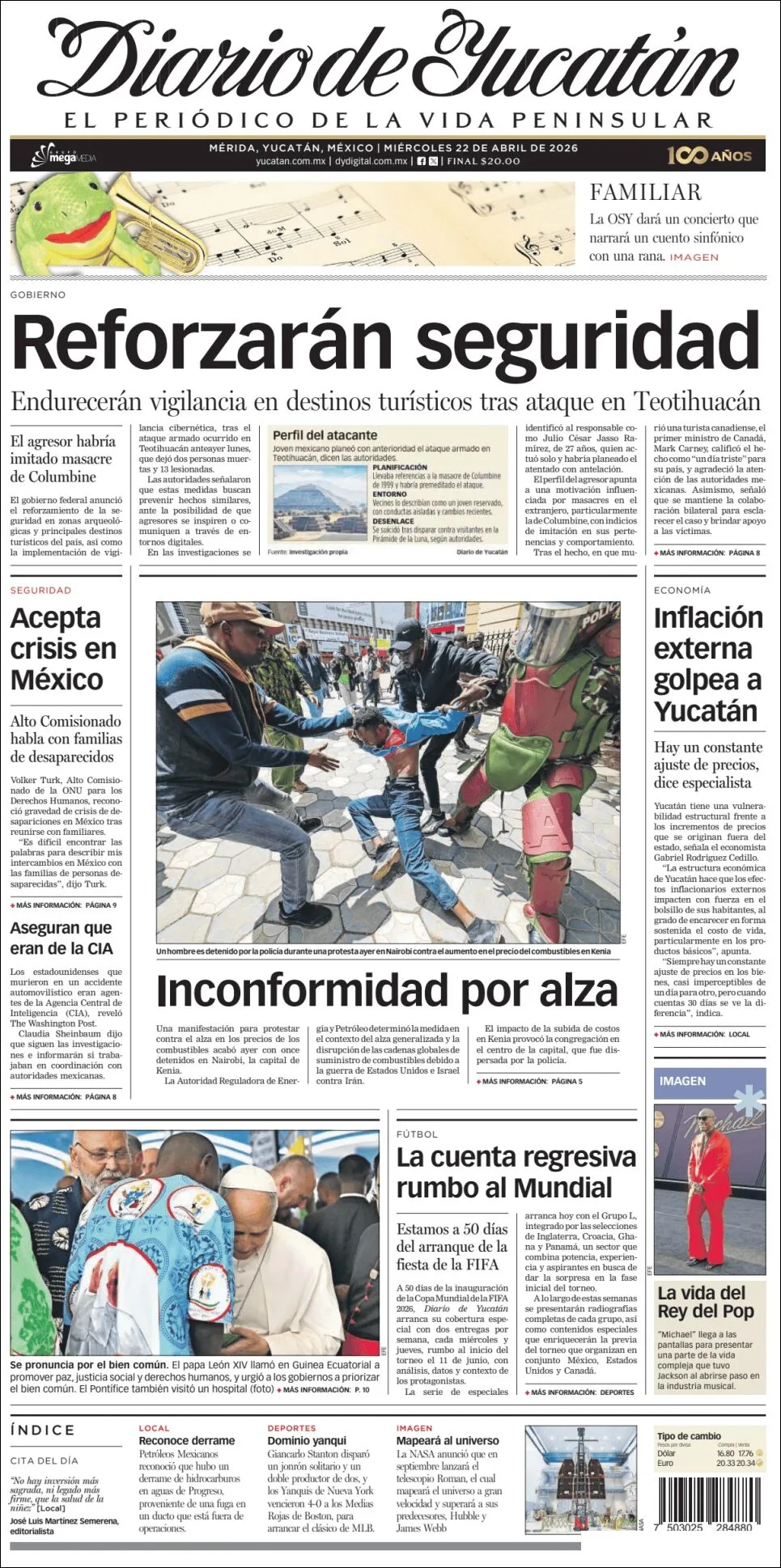 Portada de Diario de Yucatán del miércoles, 22 de abril de 2026
