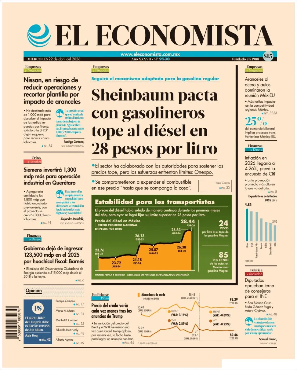 Portada de El Economista del miércoles, 22 de abril de 2026