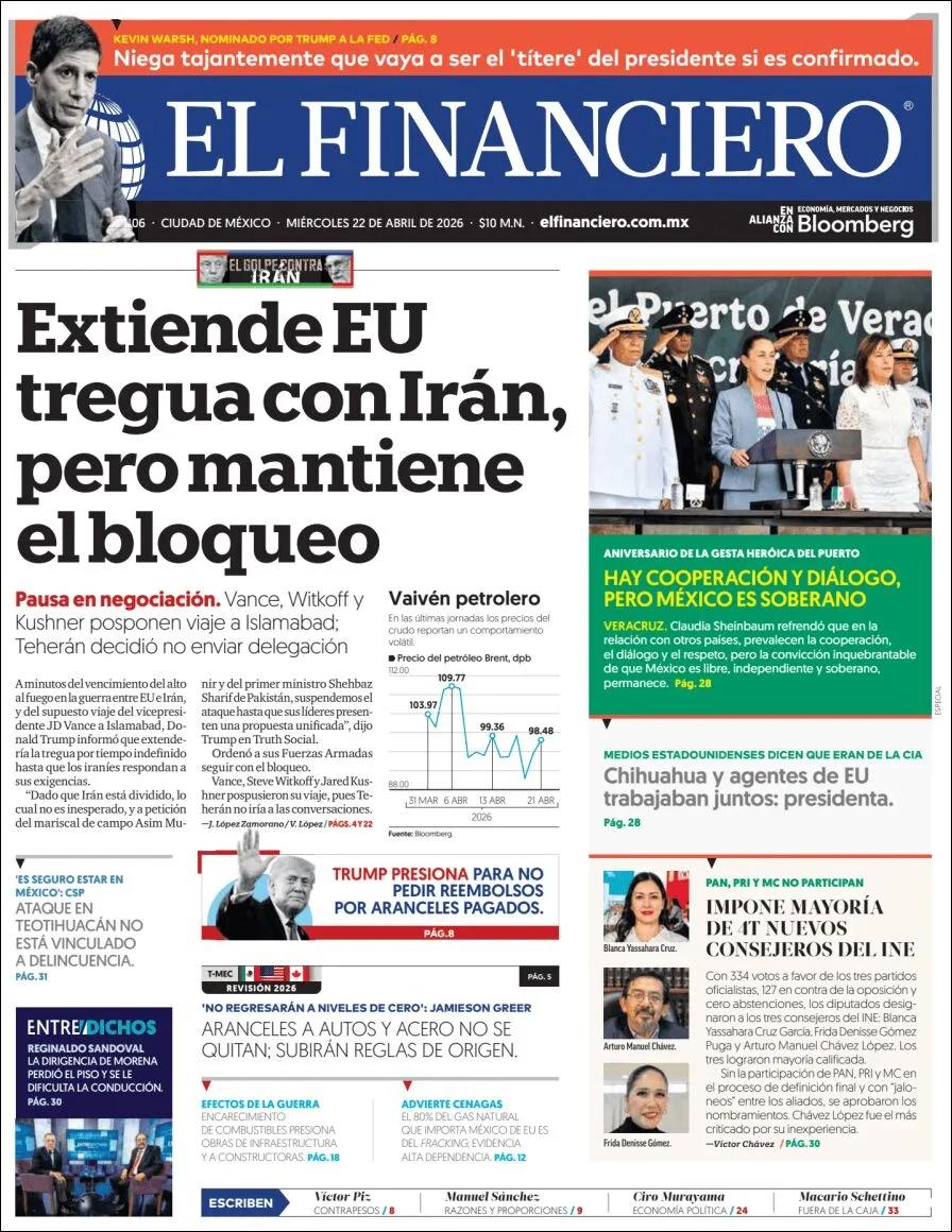 Portada de El Financiero del miércoles, 22 de abril de 2026