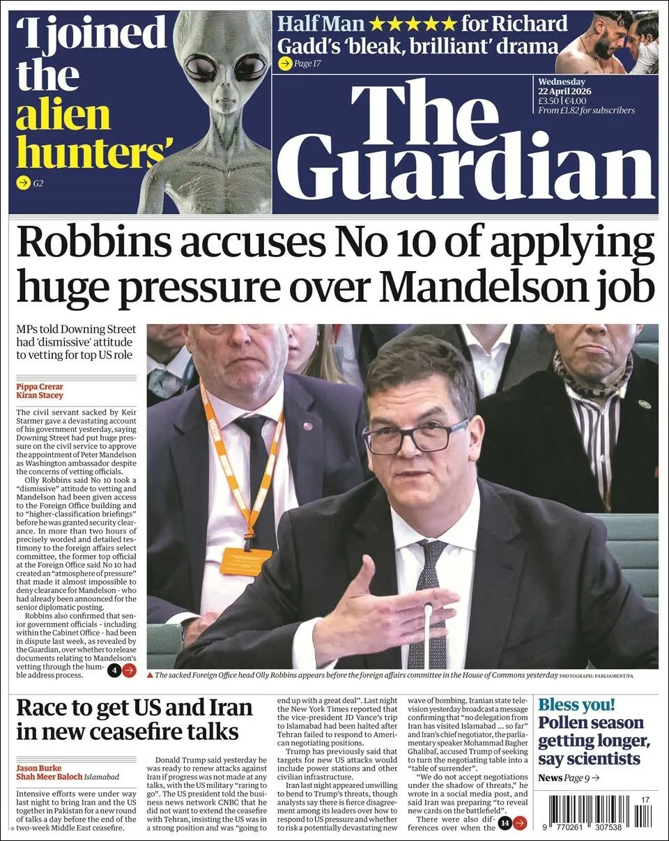 Portada de The Guardian (reino Unido) del miércoles, 22 de abril de 2026