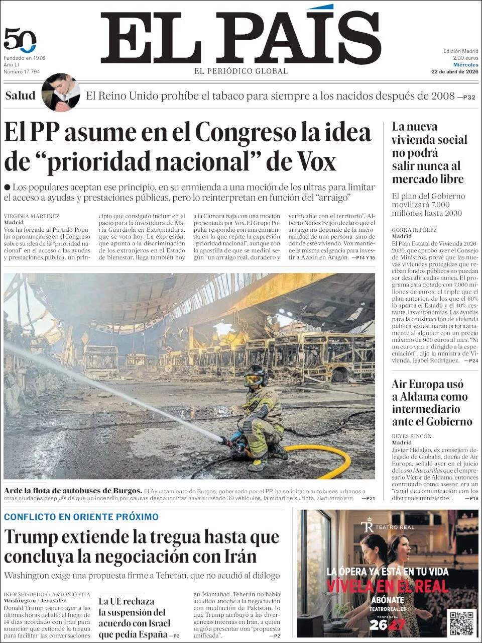 Portada de El Pais del miércoles, 22 de abril de 2026